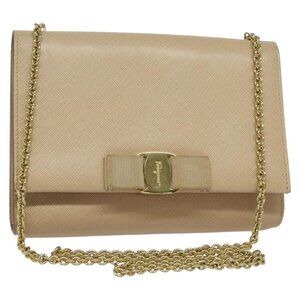 Authentic Salvatore Ferragamo Chain Vala Shoulder Bag Leather Beige Gold
